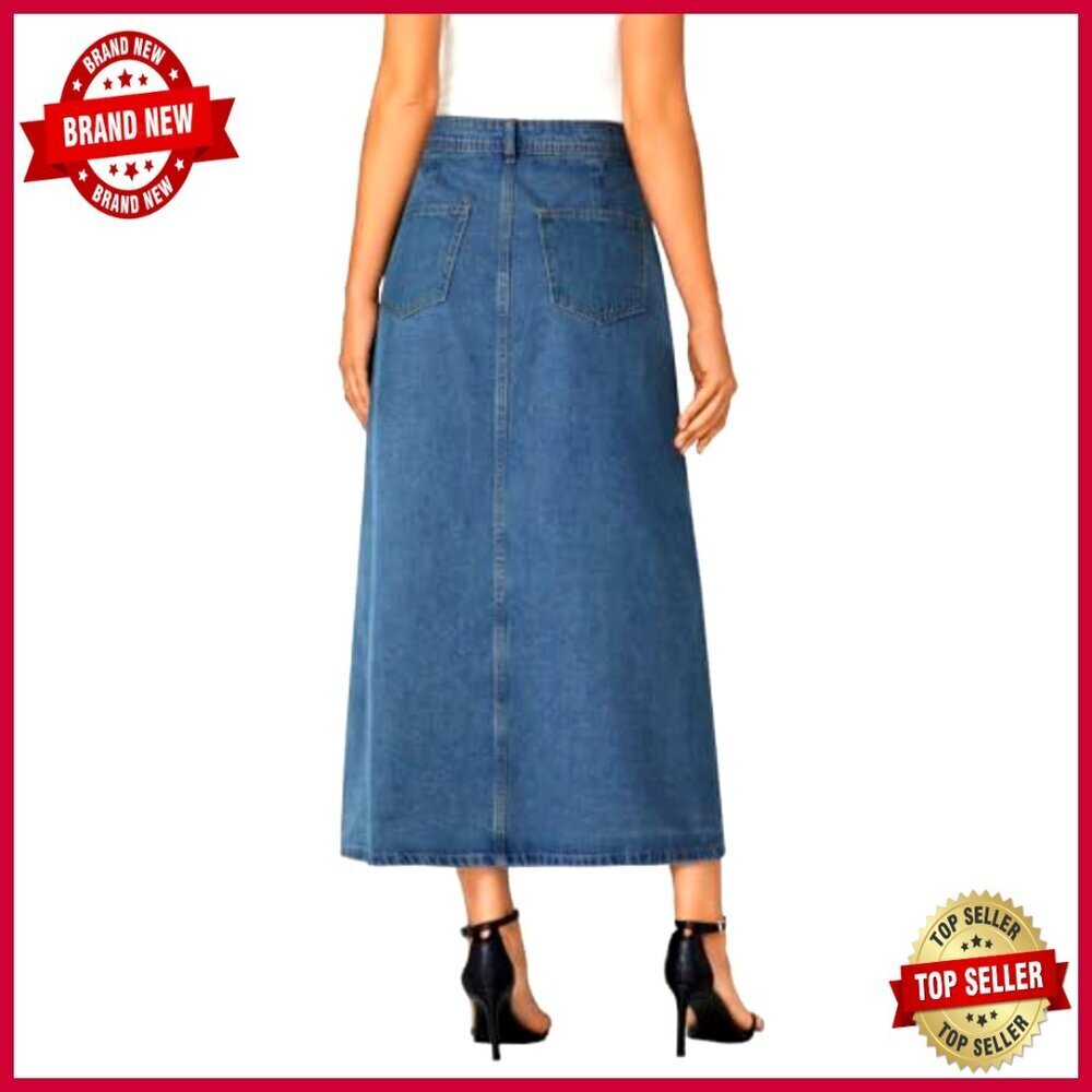 A Line Denim Midi Skirt High Waist Button Down Casual Elegant Retro Chic - Picture 5 of 7